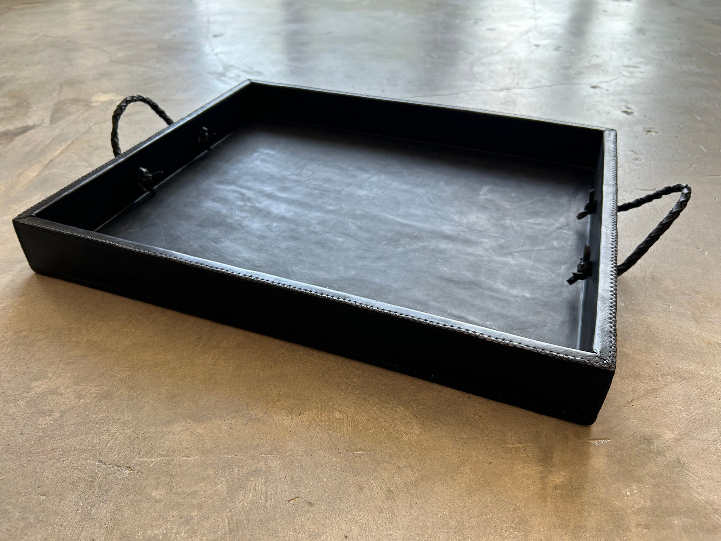 Grande XL Cedar + Leather Ottoman Tray with Embroidered Handles