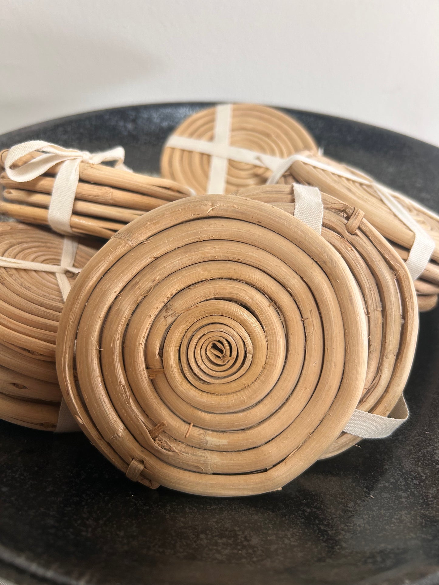 boho coasters, rustic tabletop, rattan drink coasters, eco-friendly decor, woven coasters
