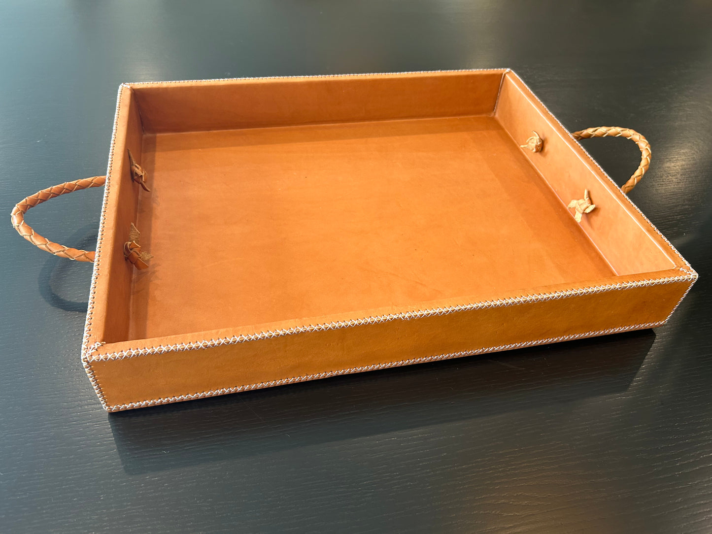 Comer Large Cedar + Leather Ottoman Tray with Embroidered Handles