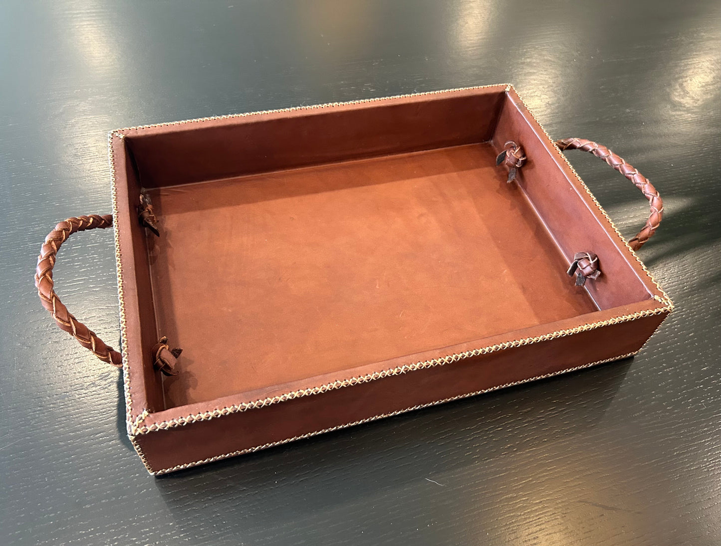 Mesa Cedar + Leather Ottoman Tray with Embroidered Handles