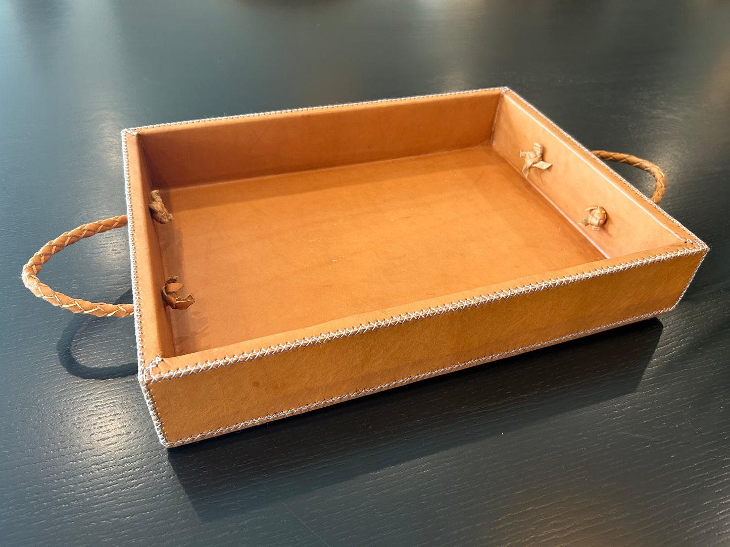Mesa Cedar + Leather Ottoman Tray with Embroidered Handles