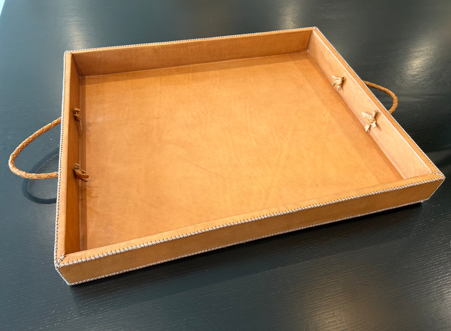 Grande XL Cedar + Leather Ottoman Tray with Embroidered Handles