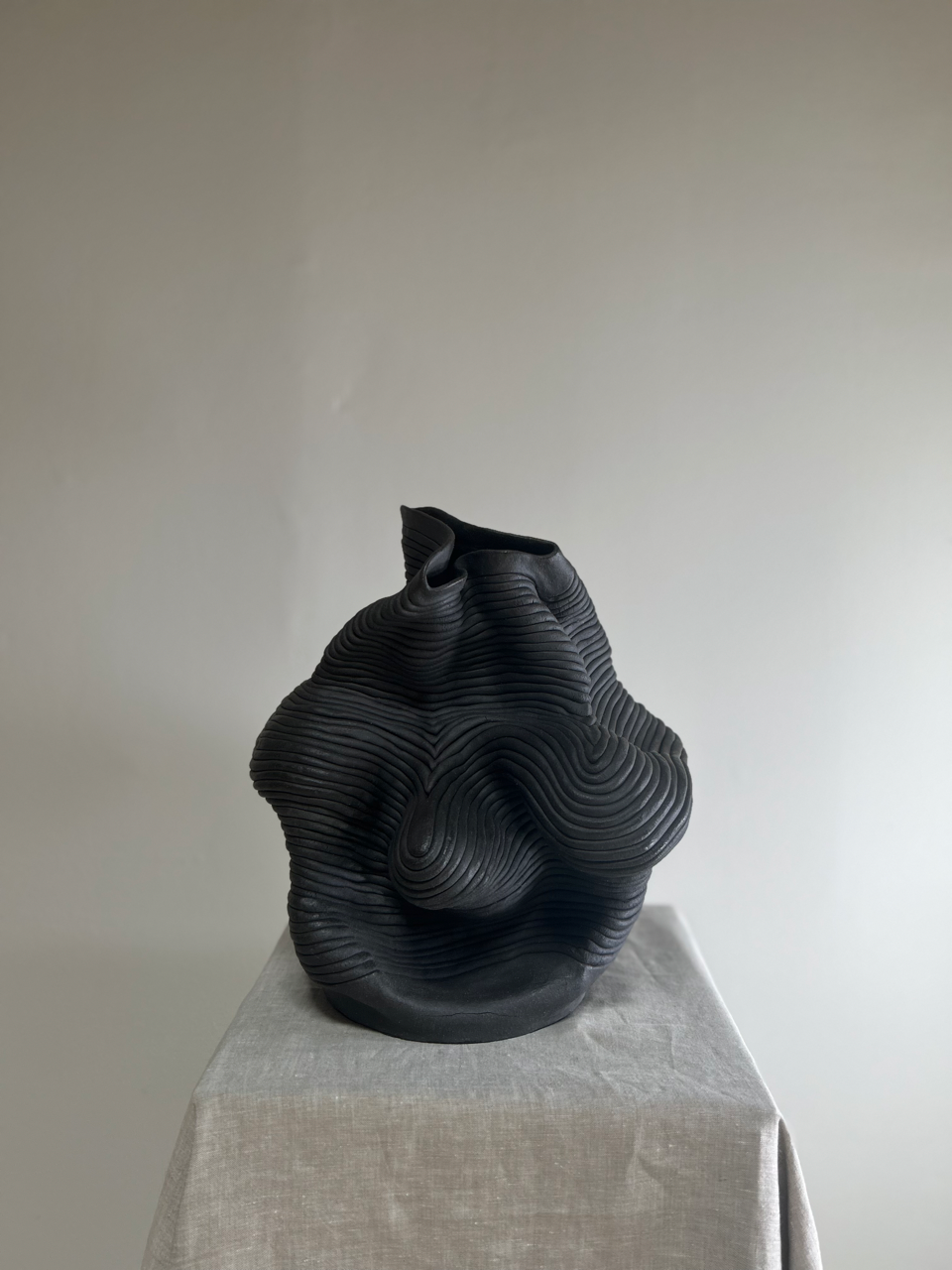 Black ceramic sculpture on a white pedestal against a plain background