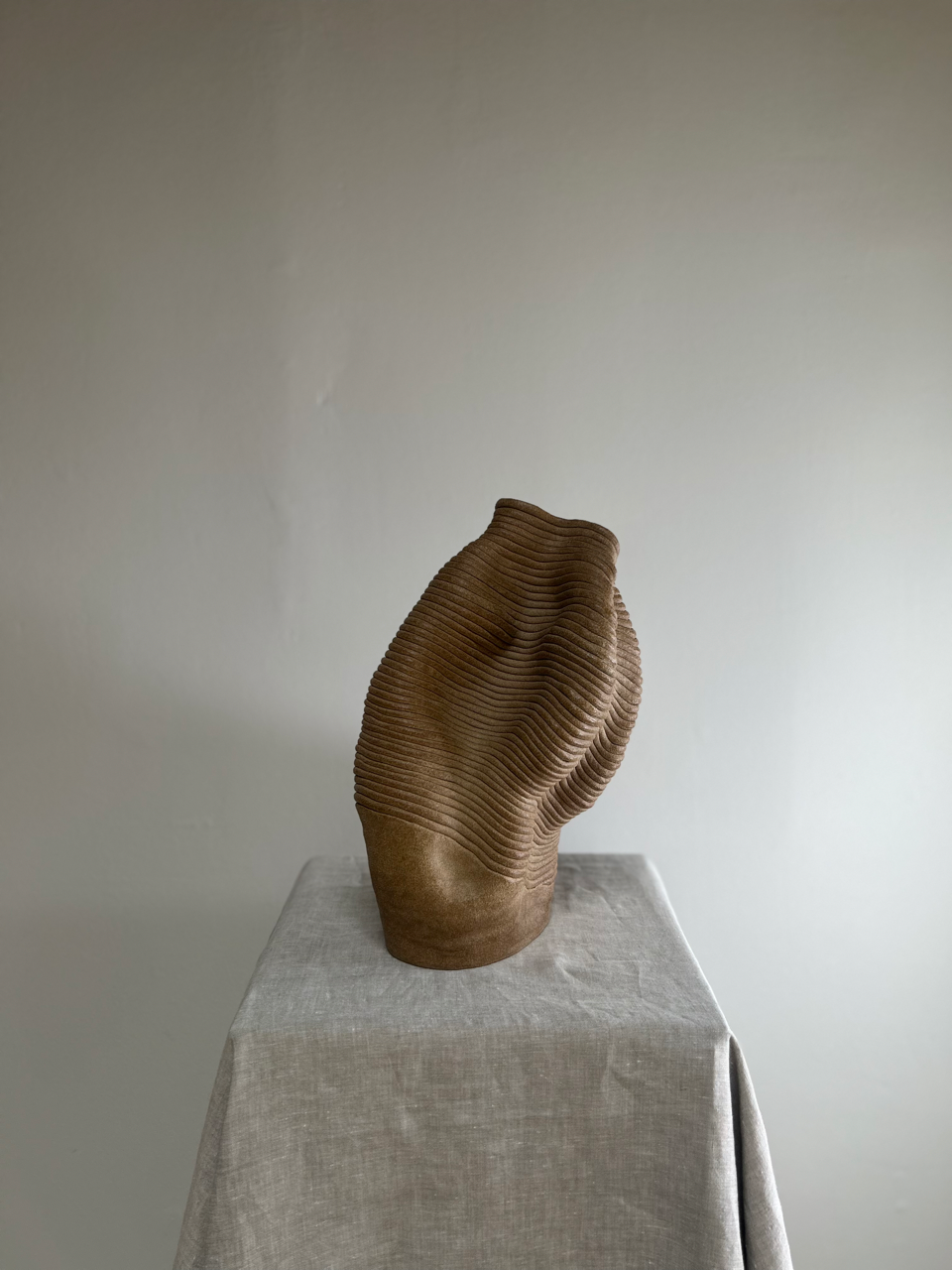 Brown abstract sculpture on a gray pedestal against a plain wall