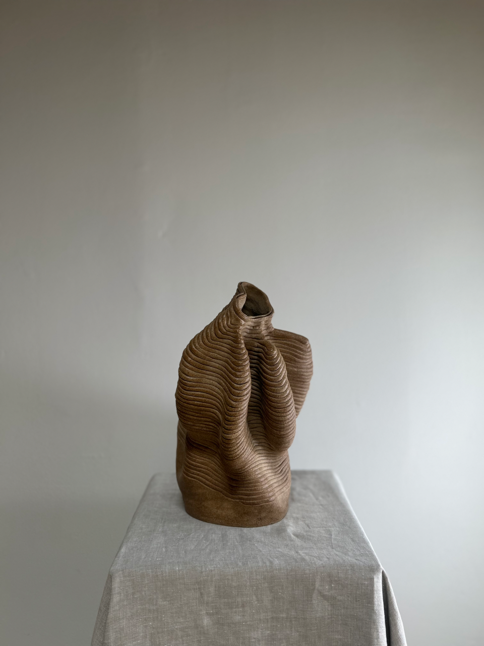 Brown textured sculpture on a gray pedestal against a plain white wall
