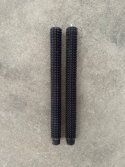 decorative taper candles, textured candles, black tapers, unscented centerpiece candles, moody table décor