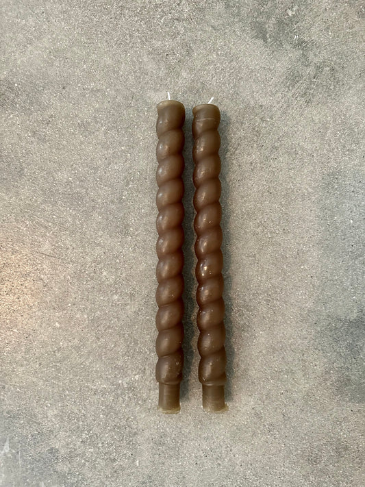 twisted taper candles, olive green candles, spiral candle set, decorative taper set, sculptural candles, earthy home decor, modern taper candles, dinner candles, mantel candles, unscented taper pair