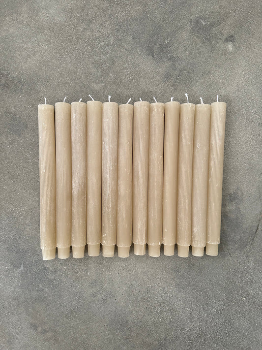 pleated taper candles, unscented taper candles, linen taper set, neutral home decor, elegant candlelight, modern classic candles, textured taper candles, soft beige candles, natural dinner candles, decorative minimalist tapers