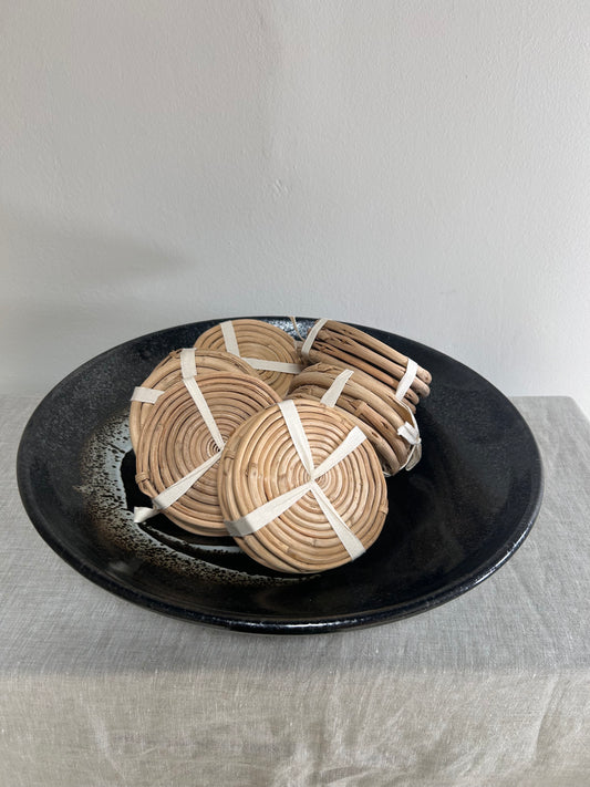 boho coasters, rustic tabletop, rattan drink coasters, eco-friendly decor, woven coasters