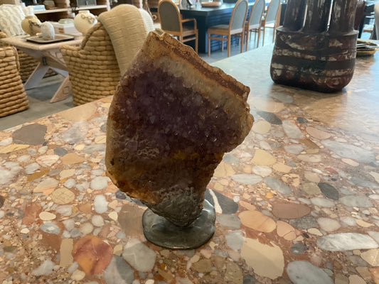 Rustic Amethyst Sculpture with Dipped Metal Stand