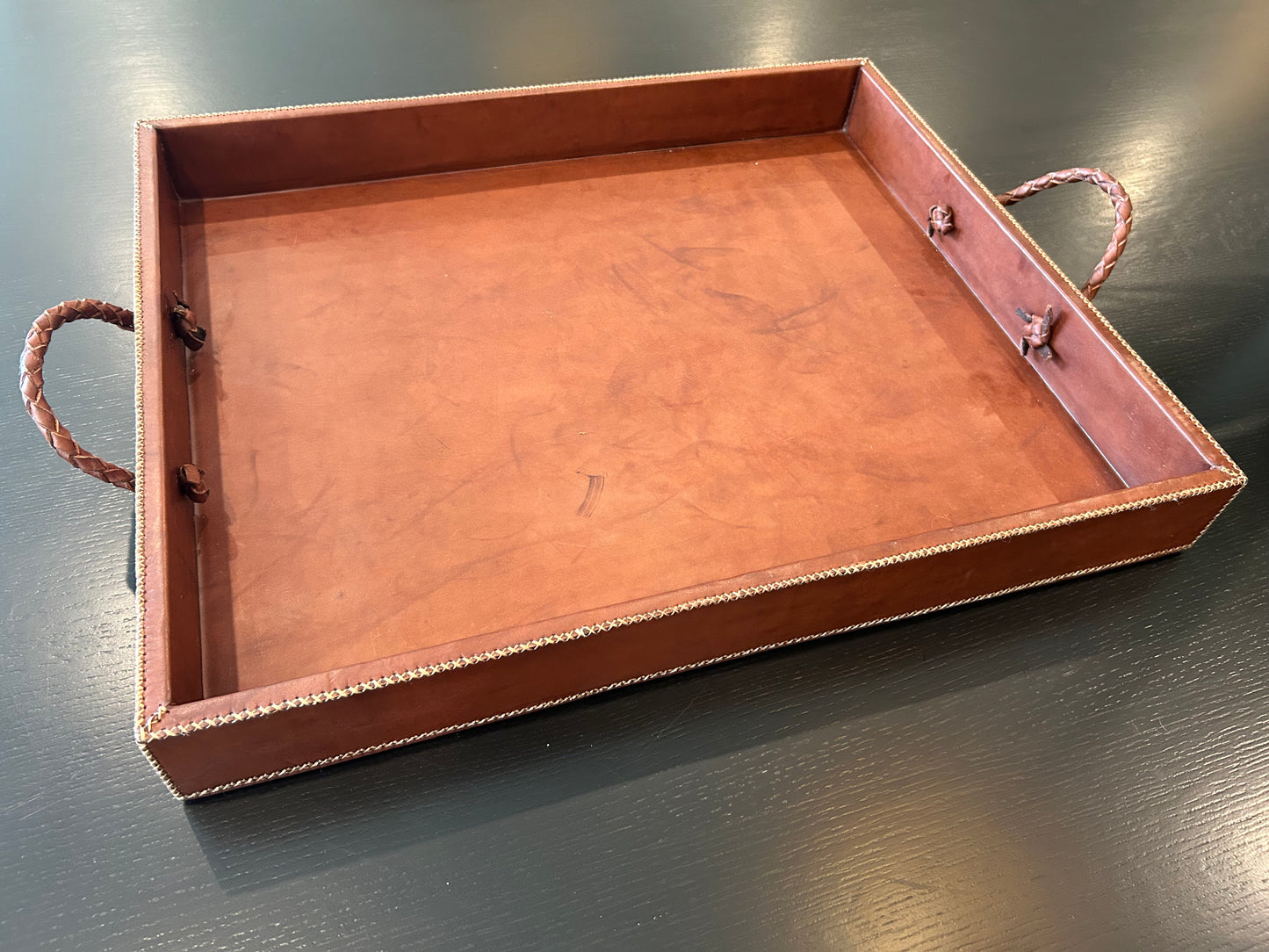 Grande XL Cedar + Leather Ottoman Tray with Embroidered Handles