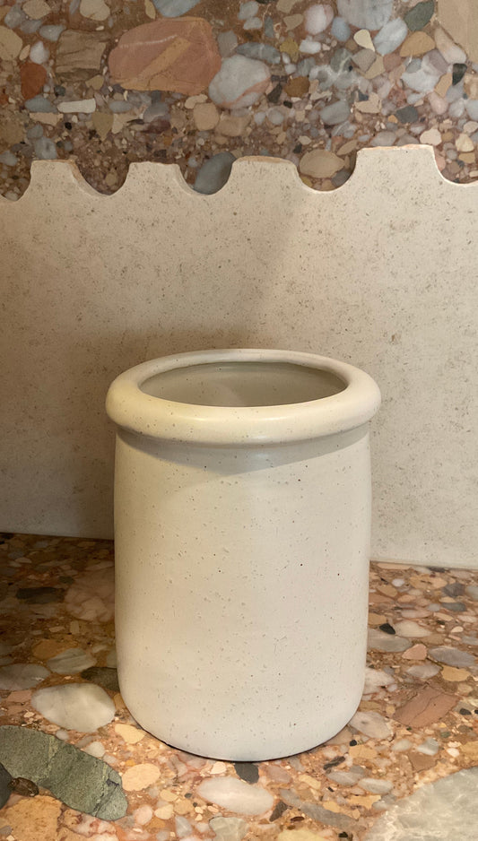 ceramic kitchen jar, matte stoneware vessel, neutral countertop decor, speckled ceramic container, minimalist utensil holder, handmade pottery jar, Scandinavian kitchen accessory, modern rustic jar, decorative storage crock, multipurpose ceramic pot