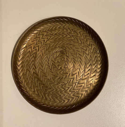 brass tray, rattan pattern tray, etched brass decor, vintage-inspired tray, round decorative tray, catchall tray, boho tabletop accent, golden brass dish, artisanal tray, textured metal tray