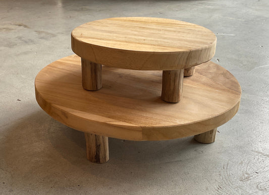 teak pedestal stand, wooden riser, round teak decor, natural wood stand, minimalist platform, teak wood display, kitchen styling, shelf riser, bath accessory stand, small wooden plinth