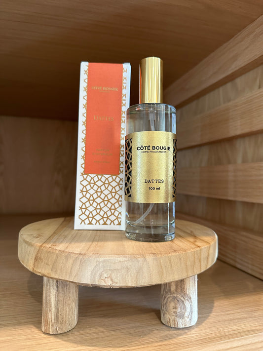 date room spray, Côté Bougie Marrakech, scented spray, Dattes scent, Moroccan fragrance, home ambiance, sweet earthy aroma, luxury room spray